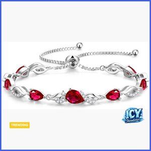 Sterling Silver Tennis Bracelet with Ruby Birthstone Adjustable Chain Fine